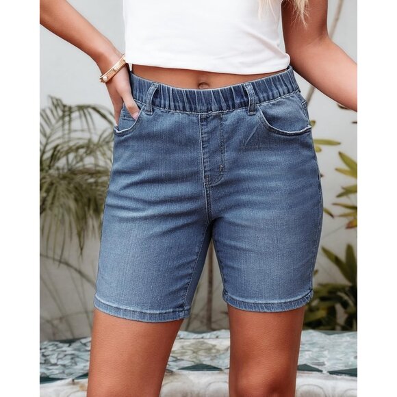 Women’s Jean Shorts Stretchy Mid Rise Casual Long Denim Summer Fashion - Picture 6 of 7